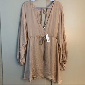 Glam Flirty satin long sleeve tan mini dress women’s size medium